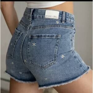 Khaki Blue Denim Shorts Daisy Embroidered High Rise Frayed Hem Juniors…